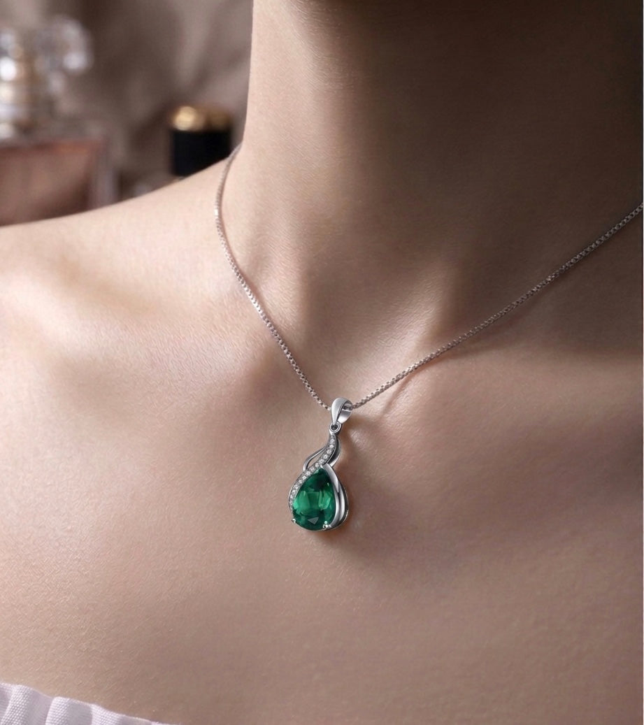 "Royal Emerald" Pear-Cut Pendant – 925 Sterling Silver