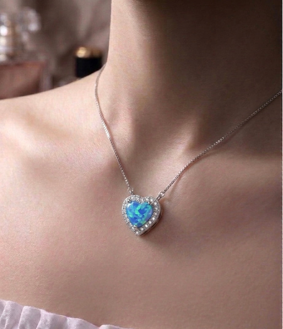 "Ocean Heart" Blue Opal Pendant – 925 Sterling Silver